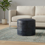 18" Brown Genuine Leather Round Pouf Ottoman
