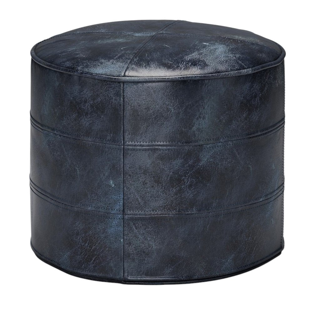 18" Brown Genuine Leather Round Pouf Ottoman