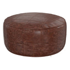34" Brown Genuine Leather Round Pouf Ottoman