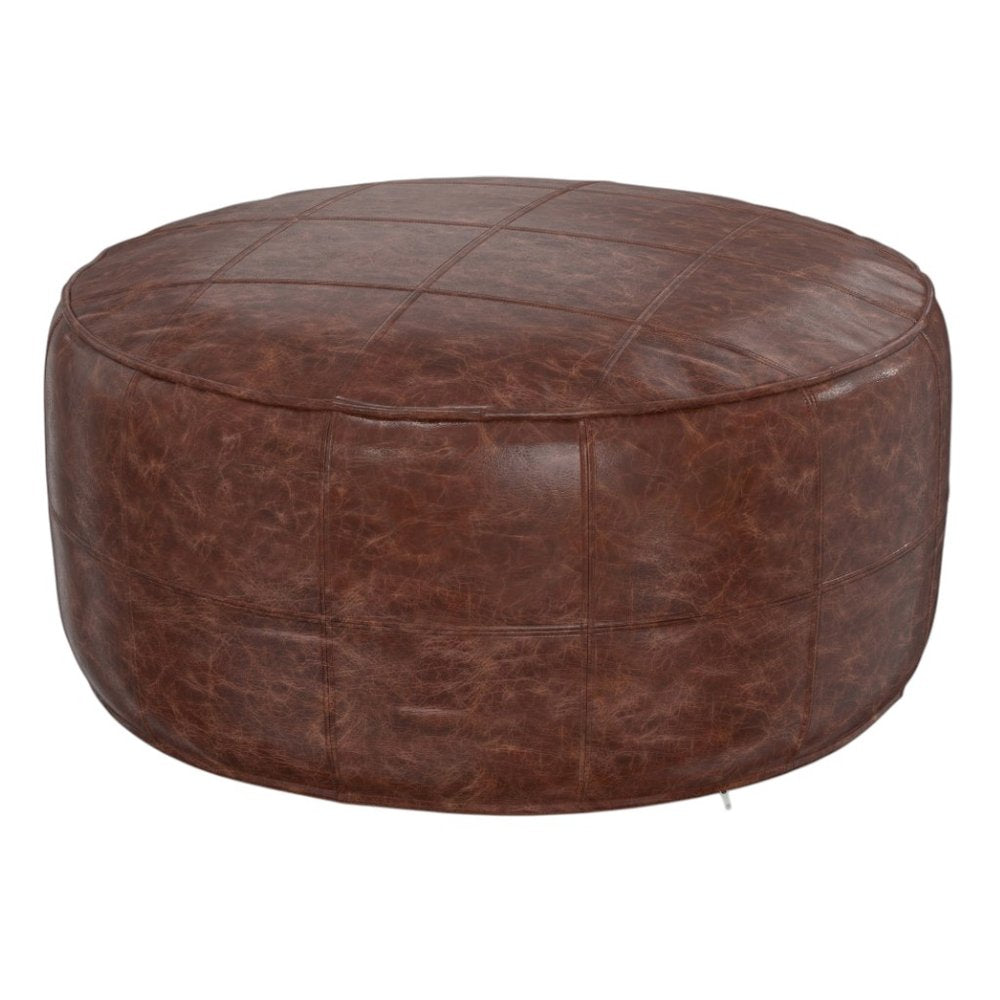 34" Brown Genuine Leather Round Pouf Ottoman