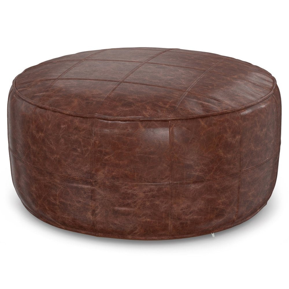 34" Brown Genuine Leather Round Pouf Ottoman