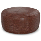 34" Brown Genuine Leather Round Pouf Ottoman