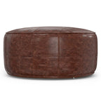 34" Brown Genuine Leather Round Pouf Ottoman