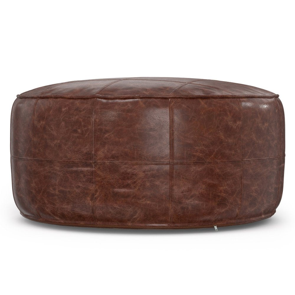 34" Brown Genuine Leather Round Pouf Ottoman