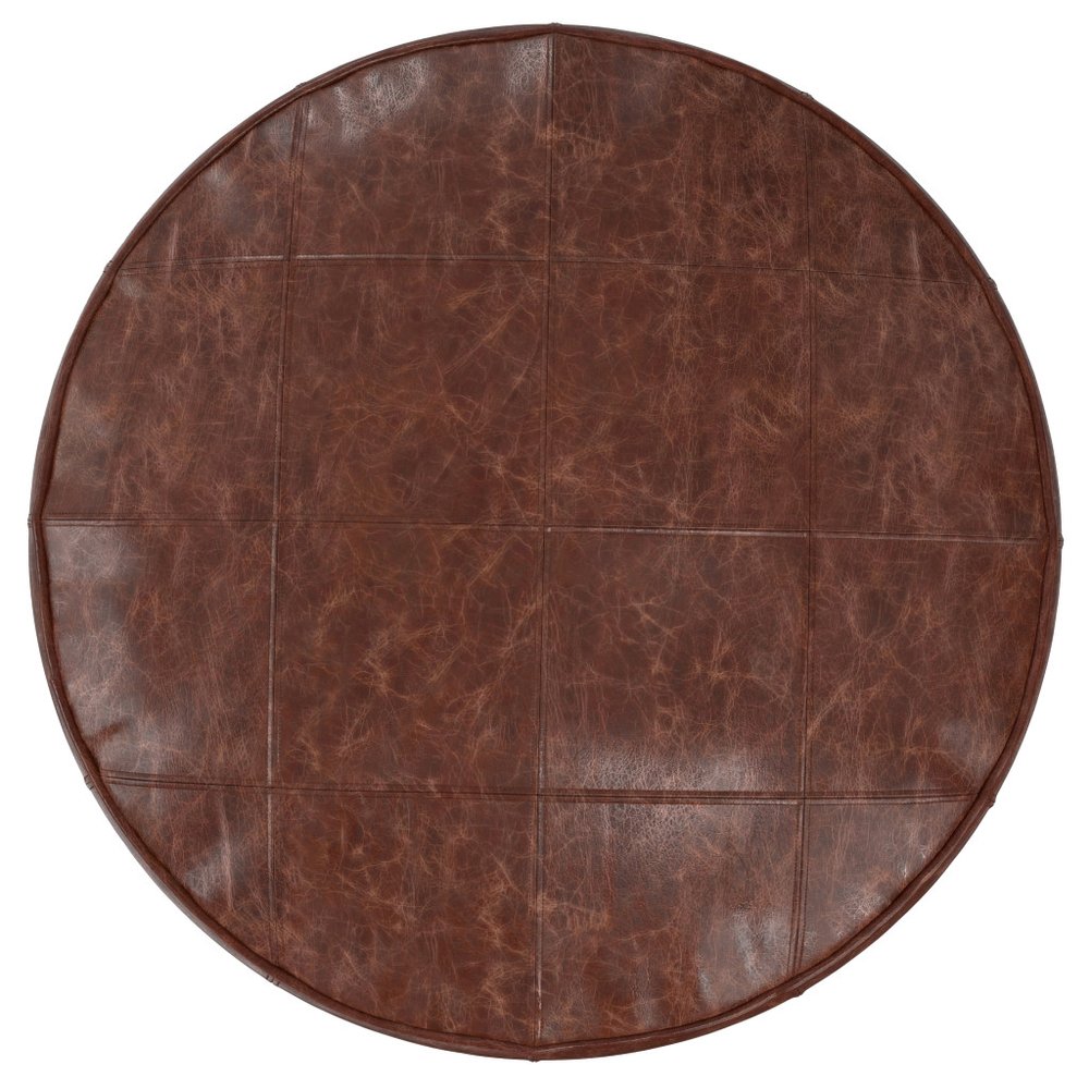 34" Brown Genuine Leather Round Pouf Ottoman