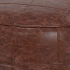 34" Brown Genuine Leather Round Pouf Ottoman