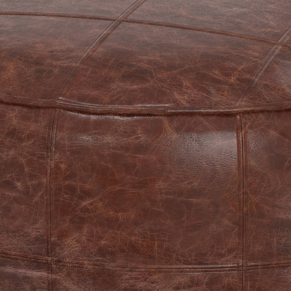 34" Brown Genuine Leather Round Pouf Ottoman