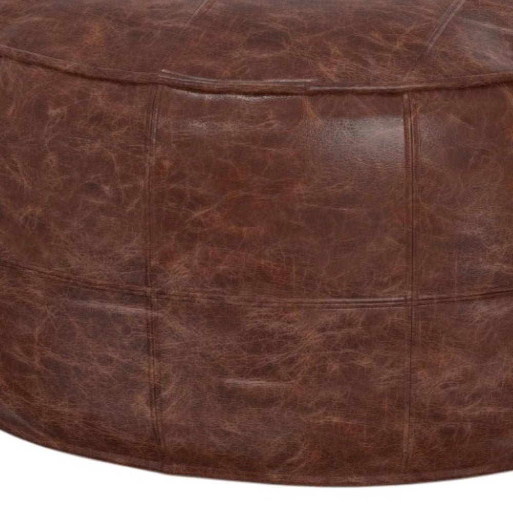 34" Brown Genuine Leather Round Pouf Ottoman