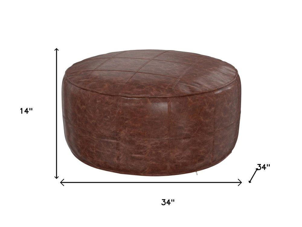 34" Brown Genuine Leather Round Pouf Ottoman