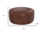 34" Brown Genuine Leather Round Pouf Ottoman