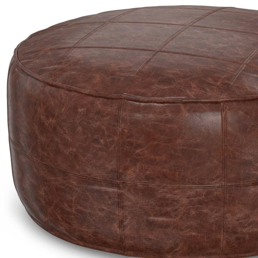 34" Brown Genuine Leather Round Pouf Ottoman