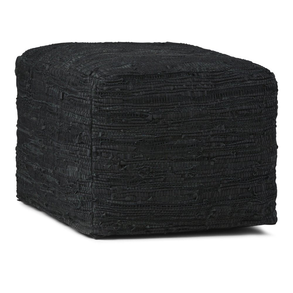 18" Dark Blue Genuine Leather Pouf Ottoman