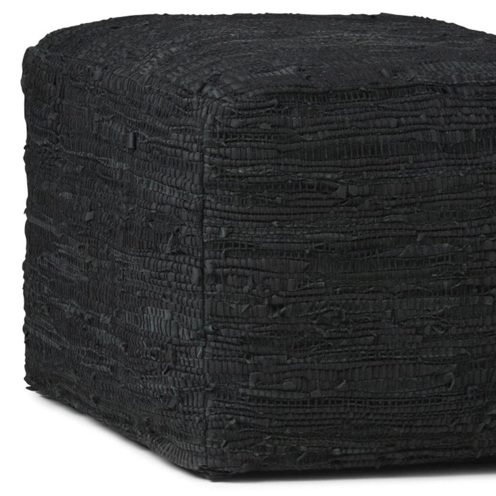 18" Dark Blue Genuine Leather Pouf Ottoman