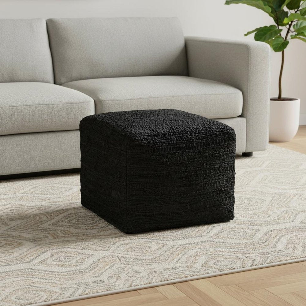 18" Dark Blue Genuine Leather Pouf Ottoman