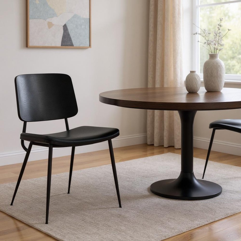 Set of Two Black Faux Leather And Solid Wood Dining Side Chairs