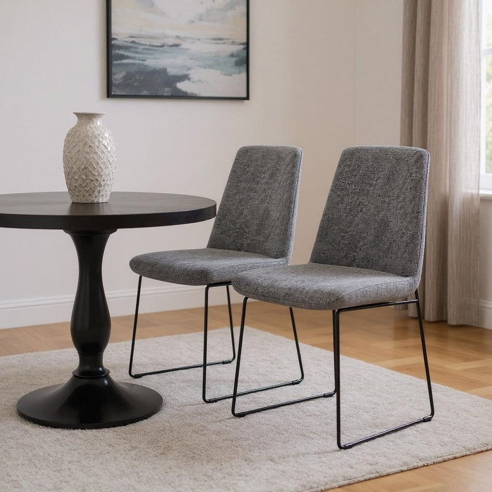 Set of Two Gray And Black Linen And Wood Dining Parsons Chairs