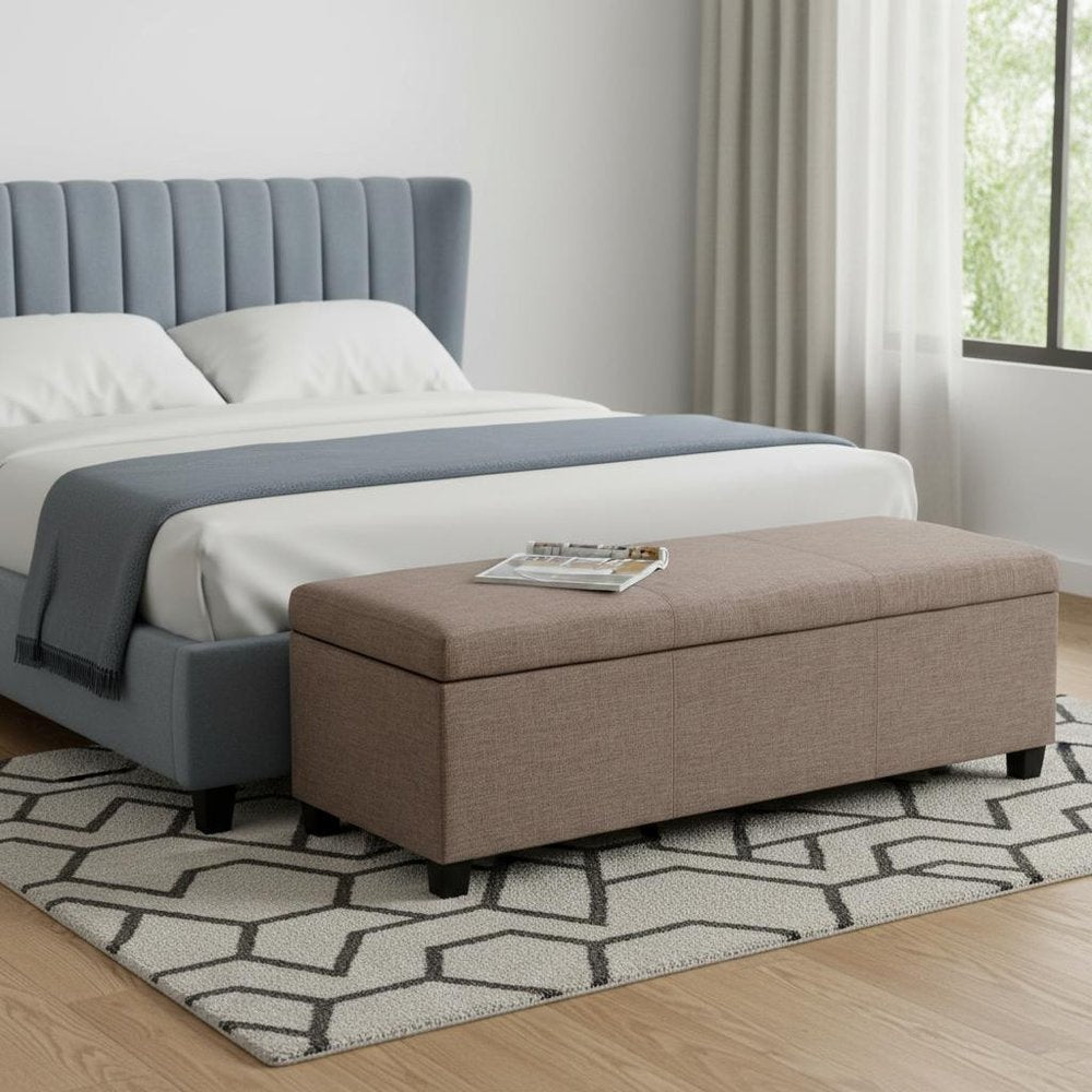 48" Cream and Dark Brown Faux Leather and Solid Wood Upholstered Storage Bench With Flip Top