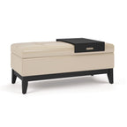 42" Cream and Dark Brown Tufted Faux Leather and Solid Wood Upholstered Storage Bench With Tray