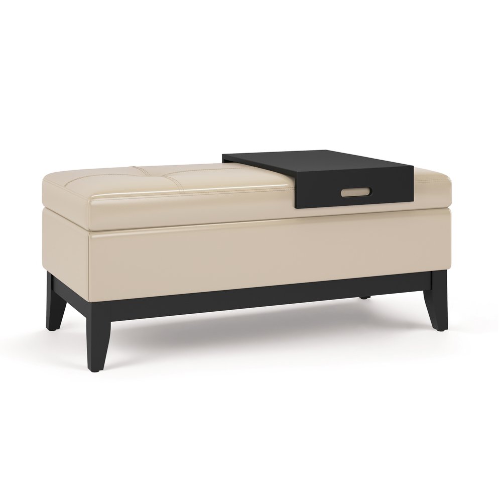 42" Cream and Dark Brown Tufted Faux Leather and Solid Wood Upholstered Storage Bench With Tray