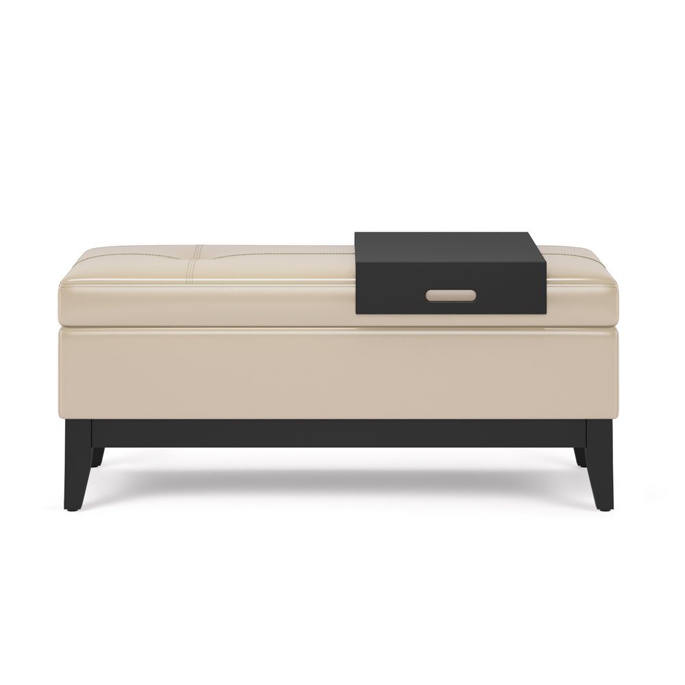 42" Black and Dark Brown Tufted Faux Leather and Solid Wood Upholstered Storage Bench With Tray