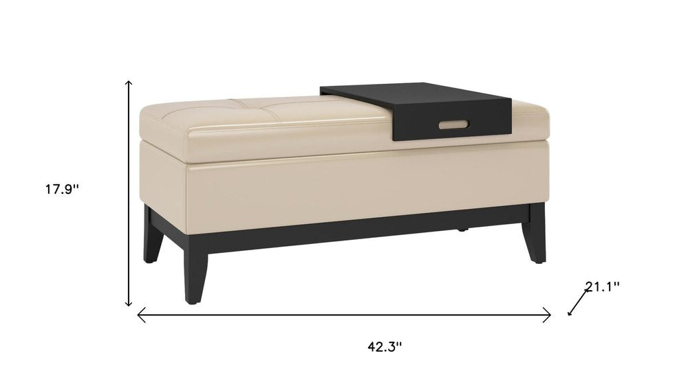 42" Black and Dark Brown Tufted Faux Leather and Solid Wood Upholstered Storage Bench With Tray
