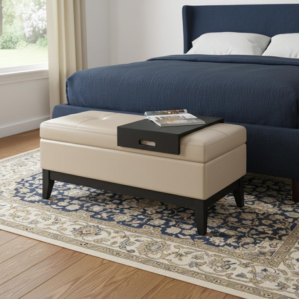 42" Black and Dark Brown Tufted Faux Leather and Solid Wood Upholstered Storage Bench With Tray