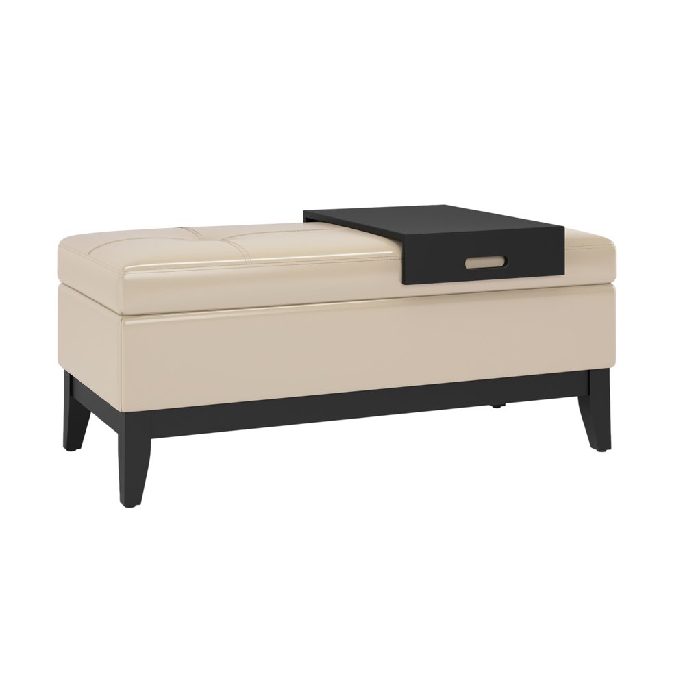 42" Cream and Dark Brown Tufted Faux Leather and Solid Wood Upholstered Storage Bench With Tray