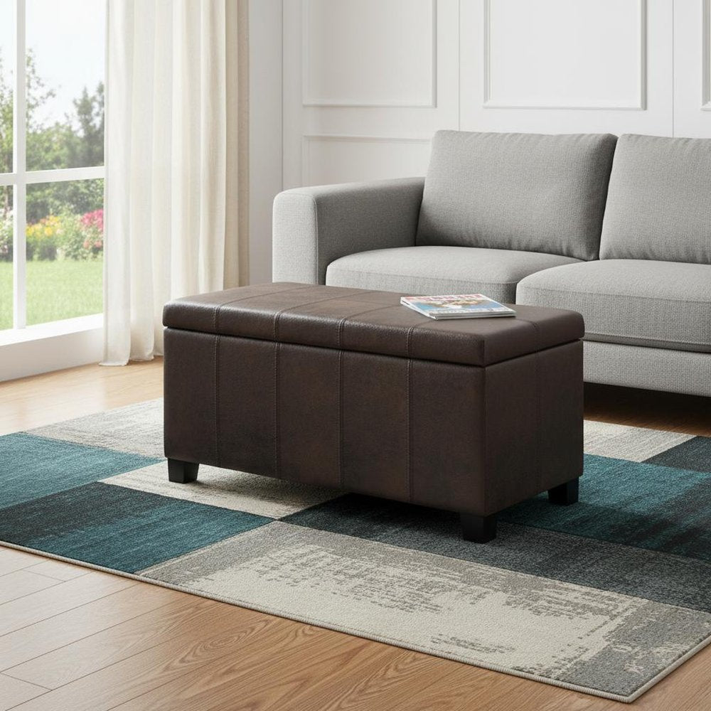 36" Brown Faux Leather and Solid Wood Upholstered Distressed Storage Bench With Flip Top