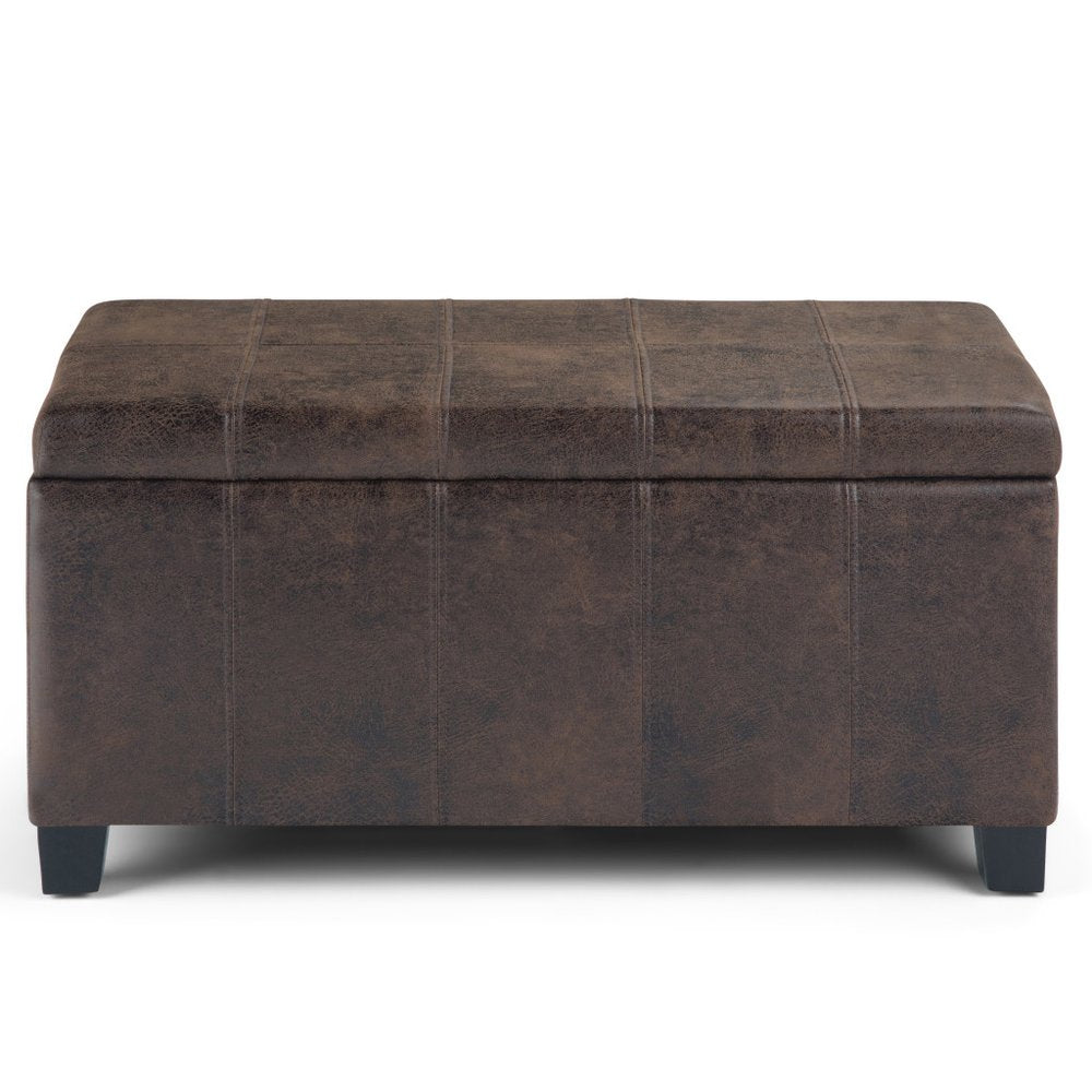 36" Brown Faux Leather and Solid Wood Upholstered Distressed Storage Bench With Flip Top