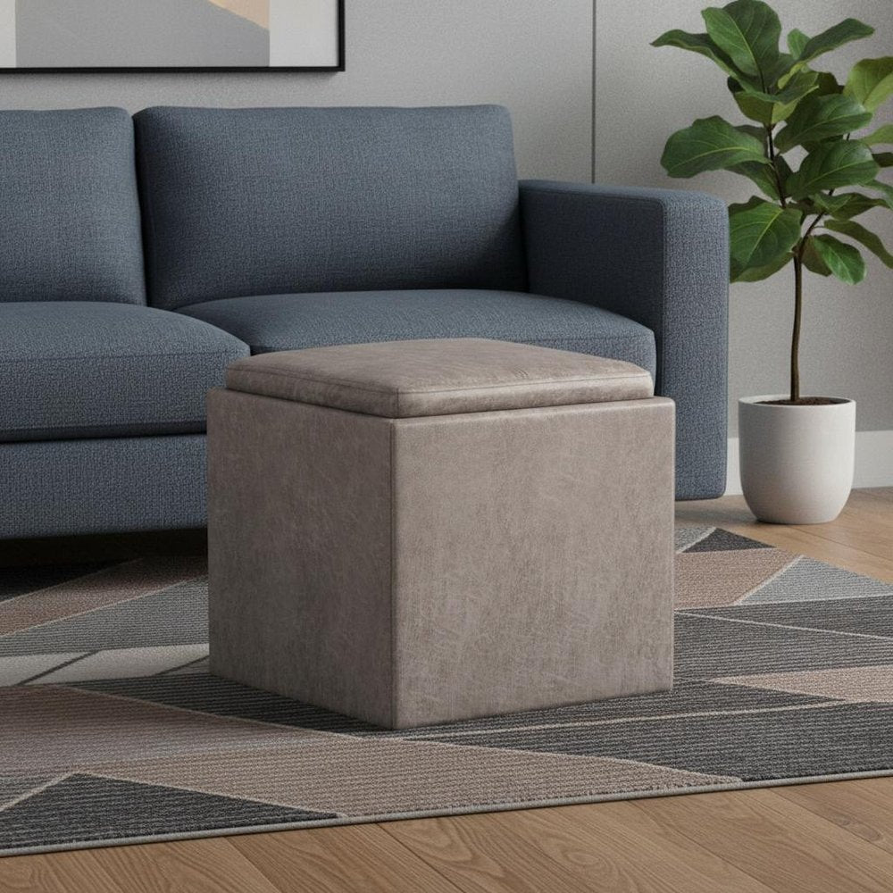 17" Black Faux Leather Cube Ottoman With Storage