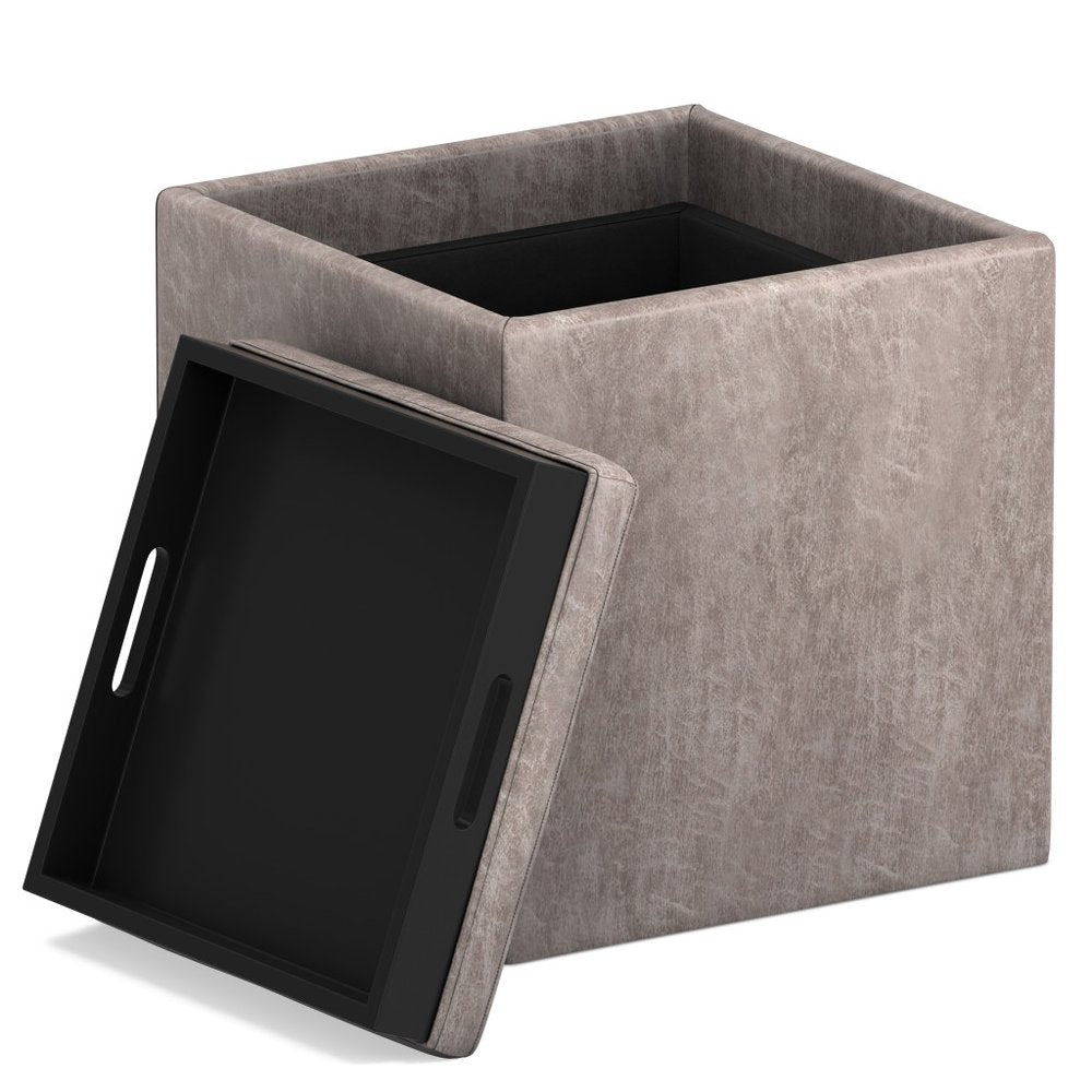 17" Black Faux Leather Cube Ottoman With Storage