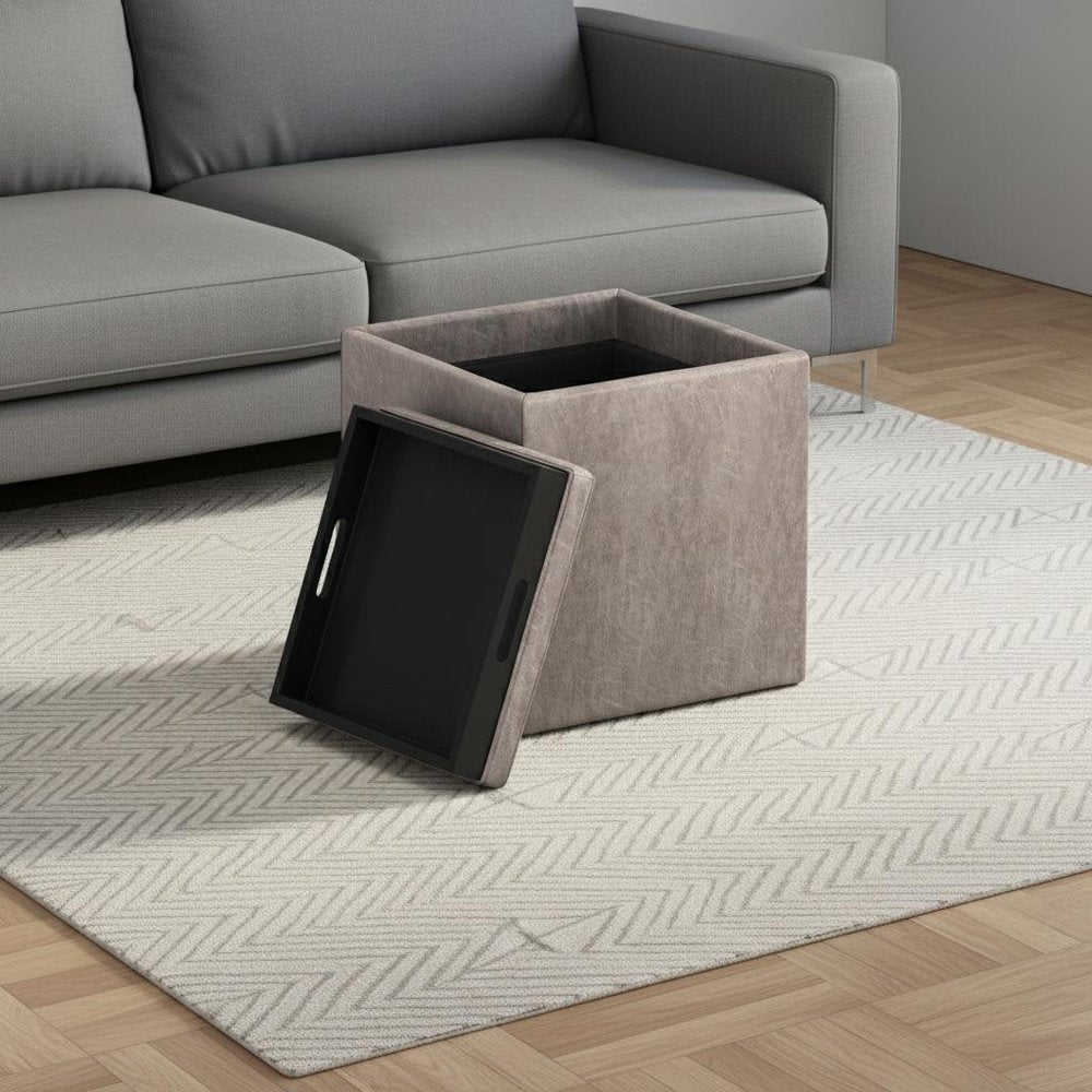 17" Black Faux Leather Cube Ottoman With Storage