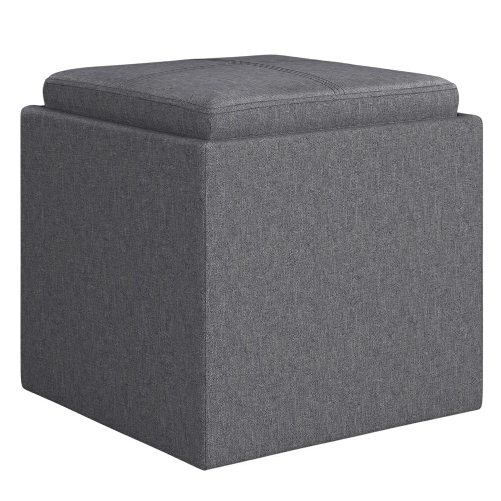 17" Slate Gray Linen Cube Ottoman With Storage