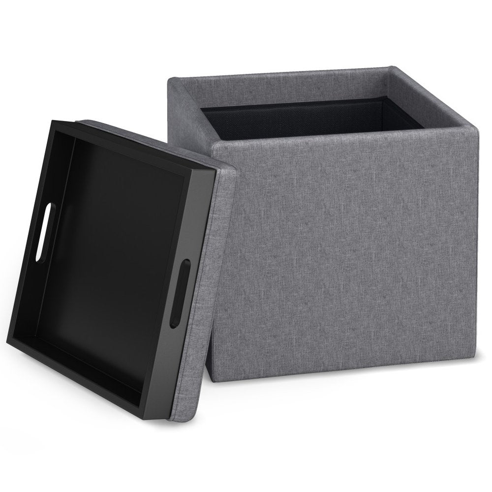 17" Slate Gray Linen Cube Ottoman With Storage