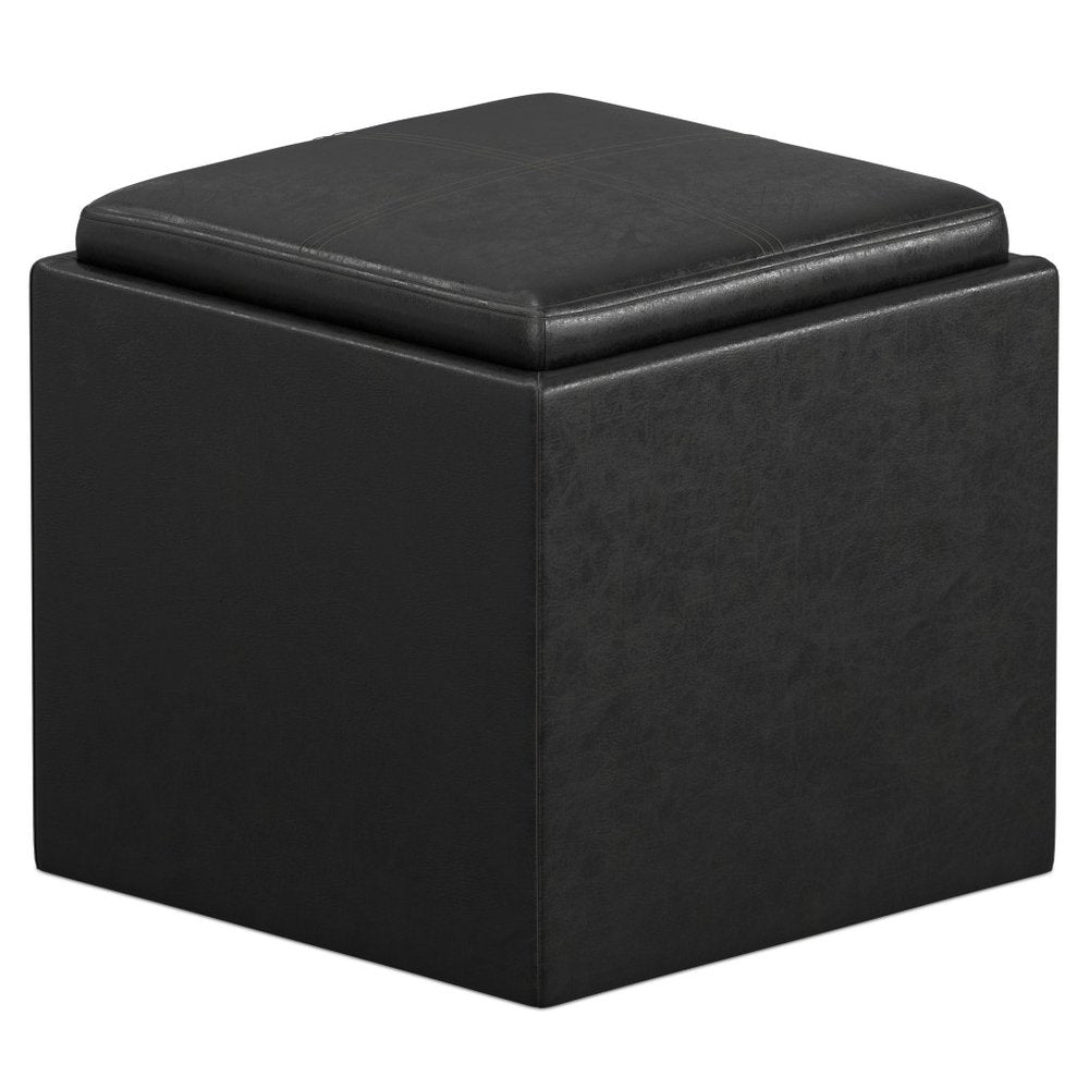 17" Black Faux Leather Cube Ottoman With Storage