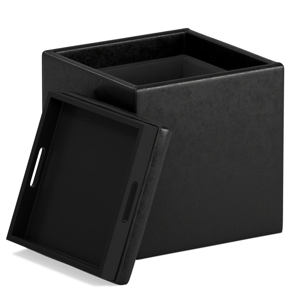 17" Black Faux Leather Cube Ottoman With Storage