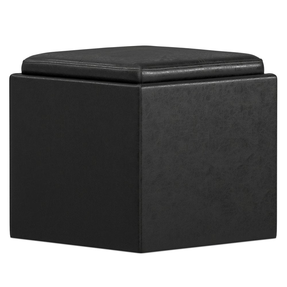 17" Black Faux Leather Cube Ottoman With Storage