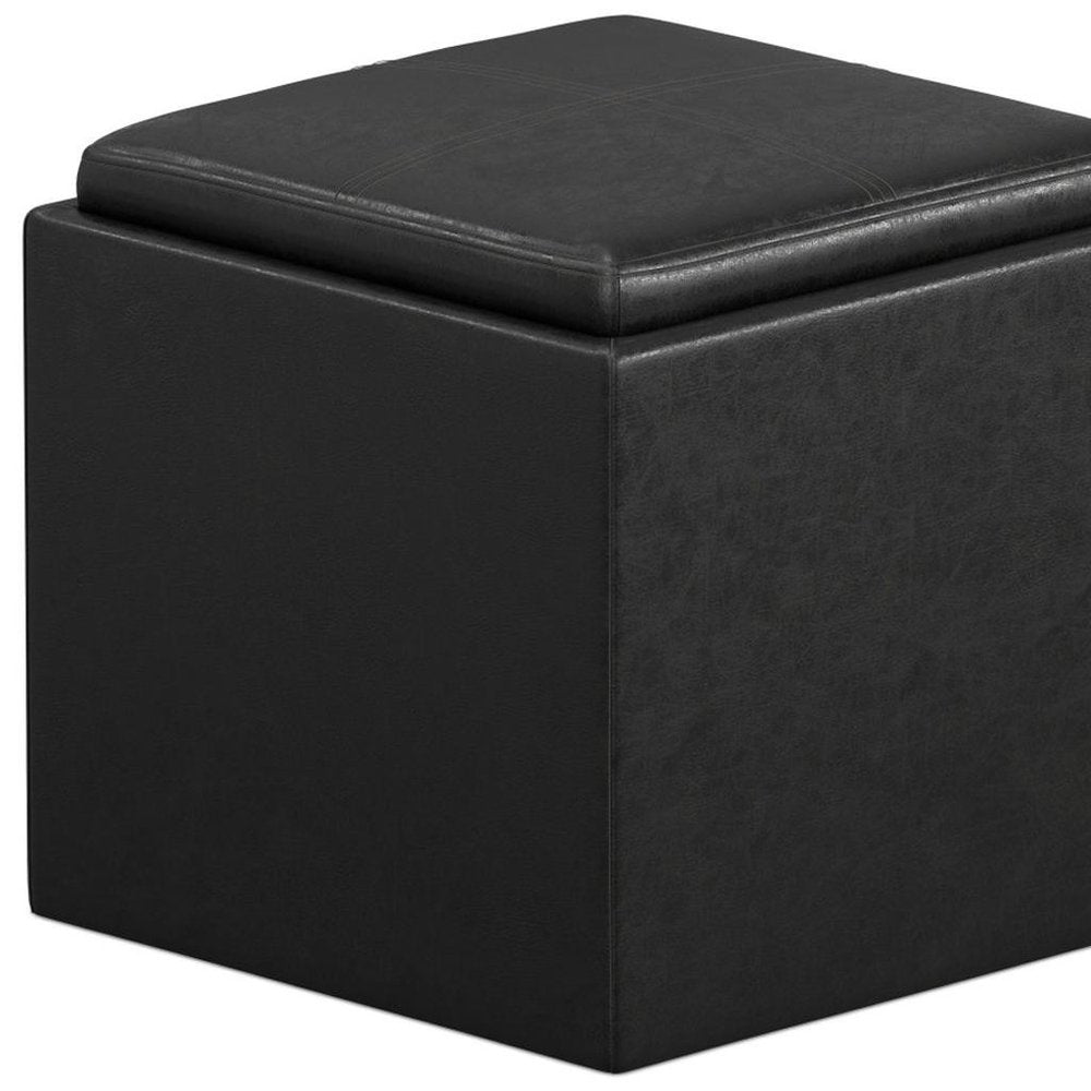 17" Black Faux Leather Cube Ottoman With Storage