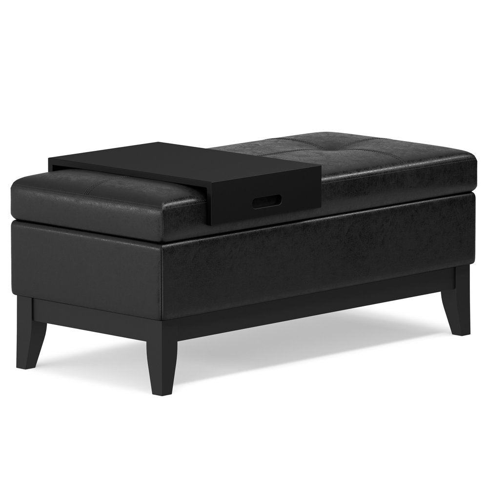 42" Cream and Dark Brown Tufted Faux Leather and Solid Wood Upholstered Storage Bench With Tray
