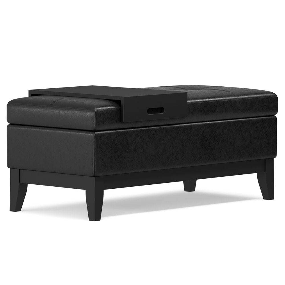42" Cream and Dark Brown Tufted Faux Leather and Solid Wood Upholstered Storage Bench With Tray