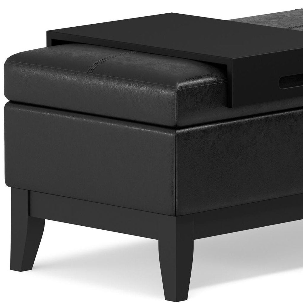 42" Cream and Dark Brown Tufted Faux Leather and Solid Wood Upholstered Storage Bench With Tray