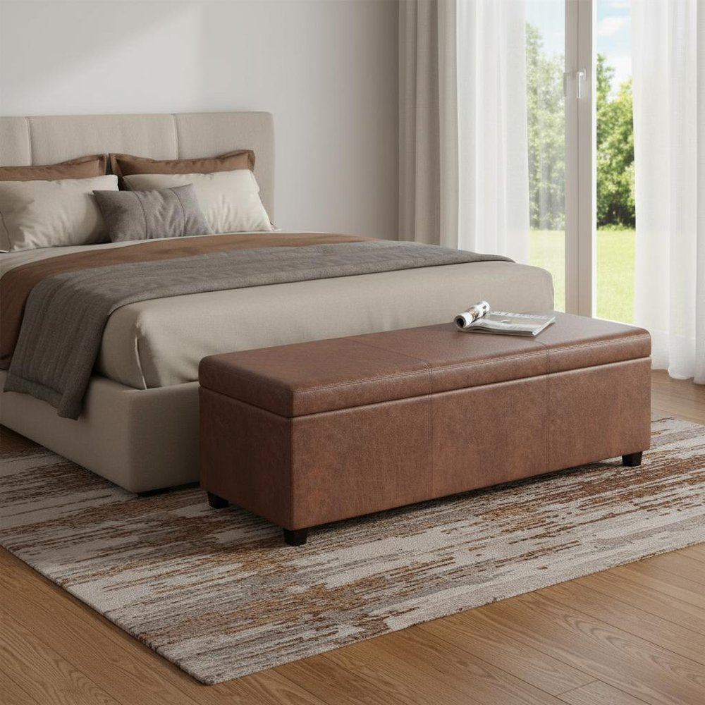 54" Cream and Dark Brown Faux Leather and Solid Wood Upholstered Storage Bench With Flip Top