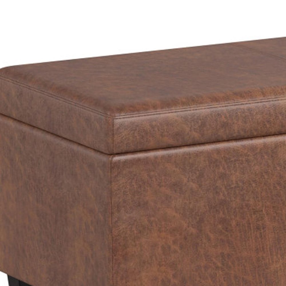 54" Cream and Dark Brown Faux Leather and Solid Wood Upholstered Storage Bench With Flip Top
