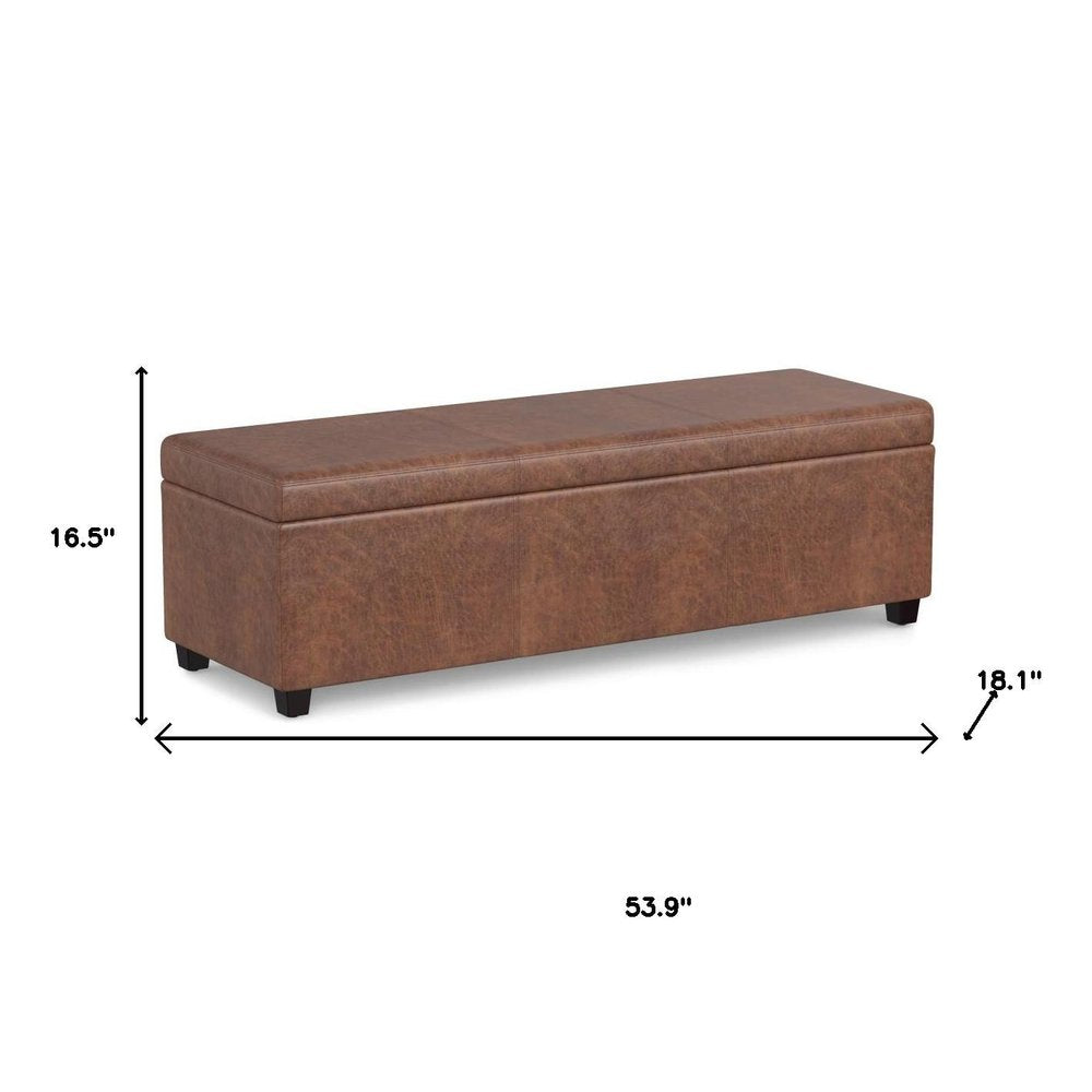 54" Cream and Dark Brown Faux Leather and Solid Wood Upholstered Storage Bench With Flip Top