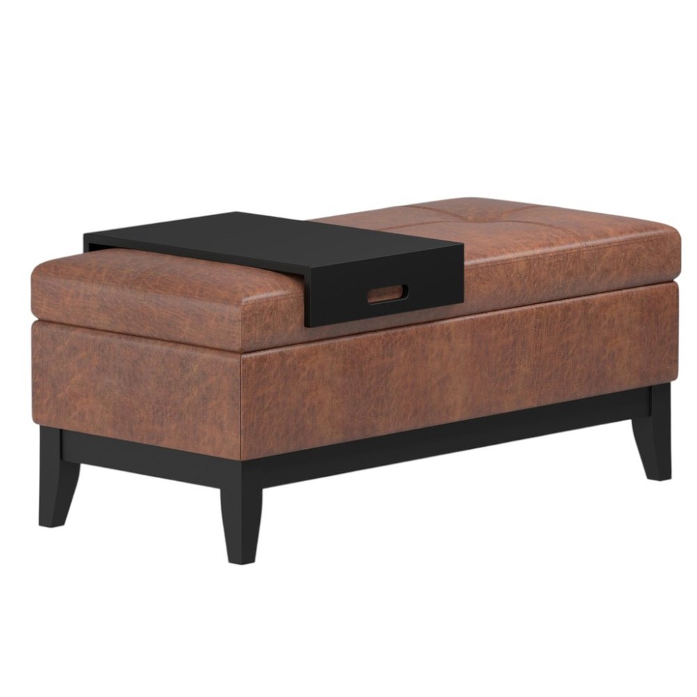 42" Cream and Dark Brown Tufted Faux Leather and Solid Wood Upholstered Storage Bench With Tray