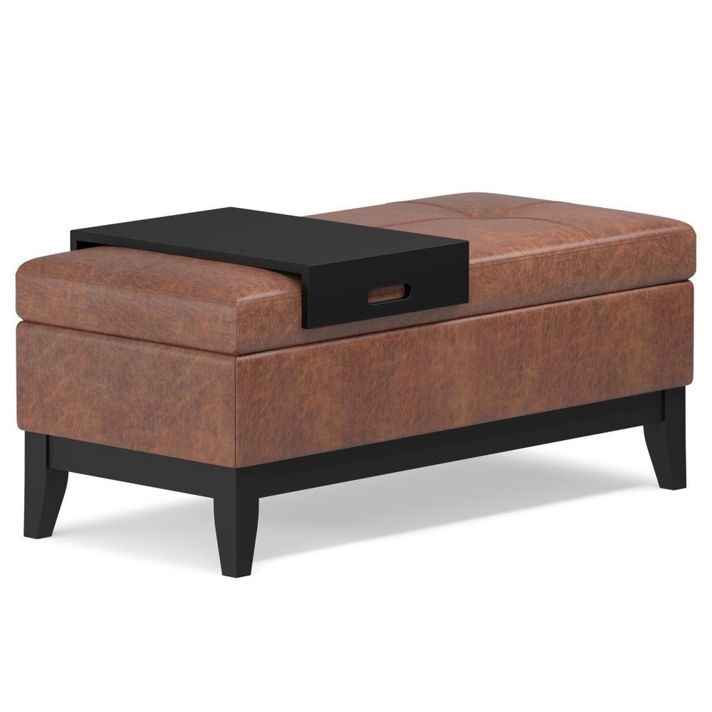 42" Cream and Dark Brown Tufted Faux Leather and Solid Wood Upholstered Storage Bench With Tray