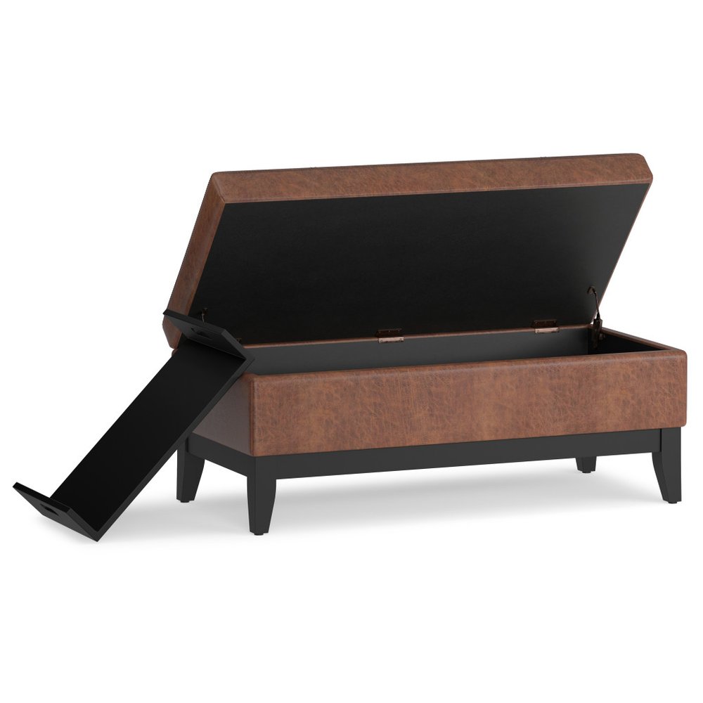 42" Cream and Dark Brown Tufted Faux Leather and Solid Wood Upholstered Storage Bench With Tray