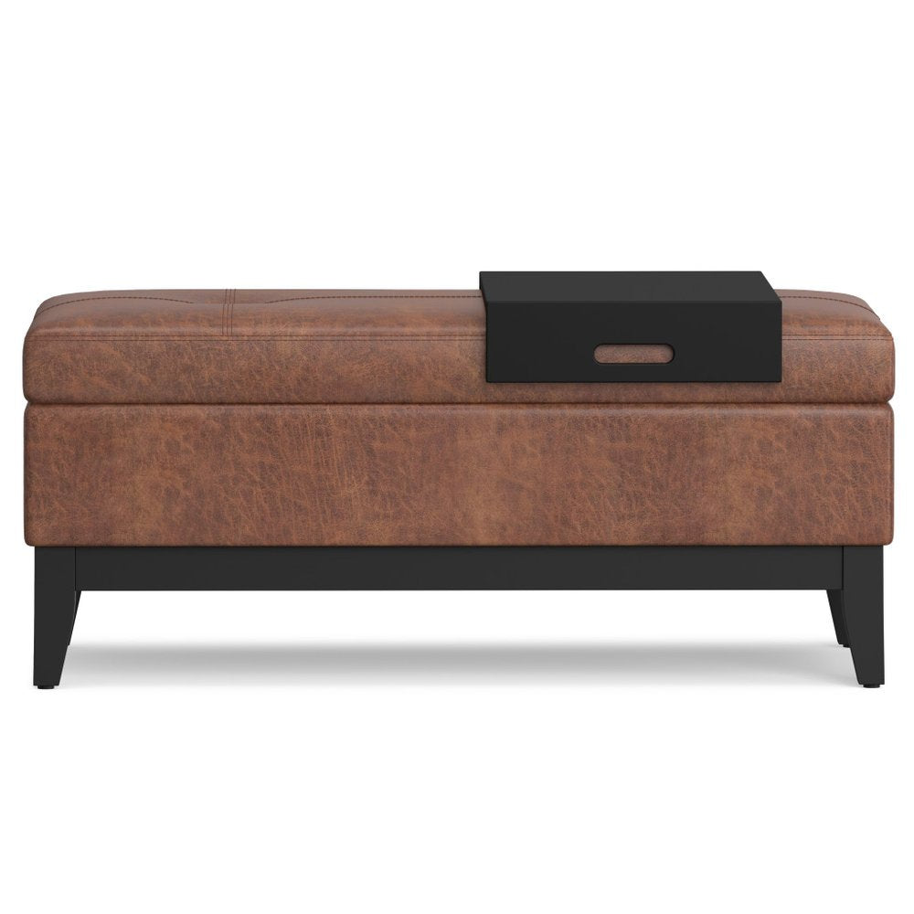 42" Cream and Dark Brown Tufted Faux Leather and Solid Wood Upholstered Storage Bench With Tray
