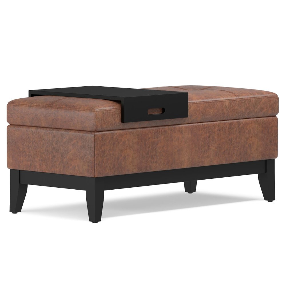 42" Cream and Dark Brown Tufted Faux Leather and Solid Wood Upholstered Storage Bench With Tray