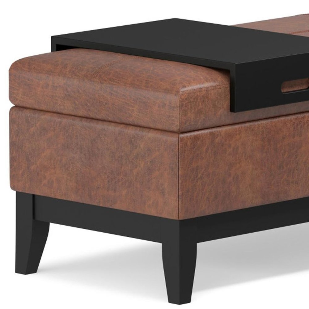 42" Cream and Dark Brown Tufted Faux Leather and Solid Wood Upholstered Storage Bench With Tray